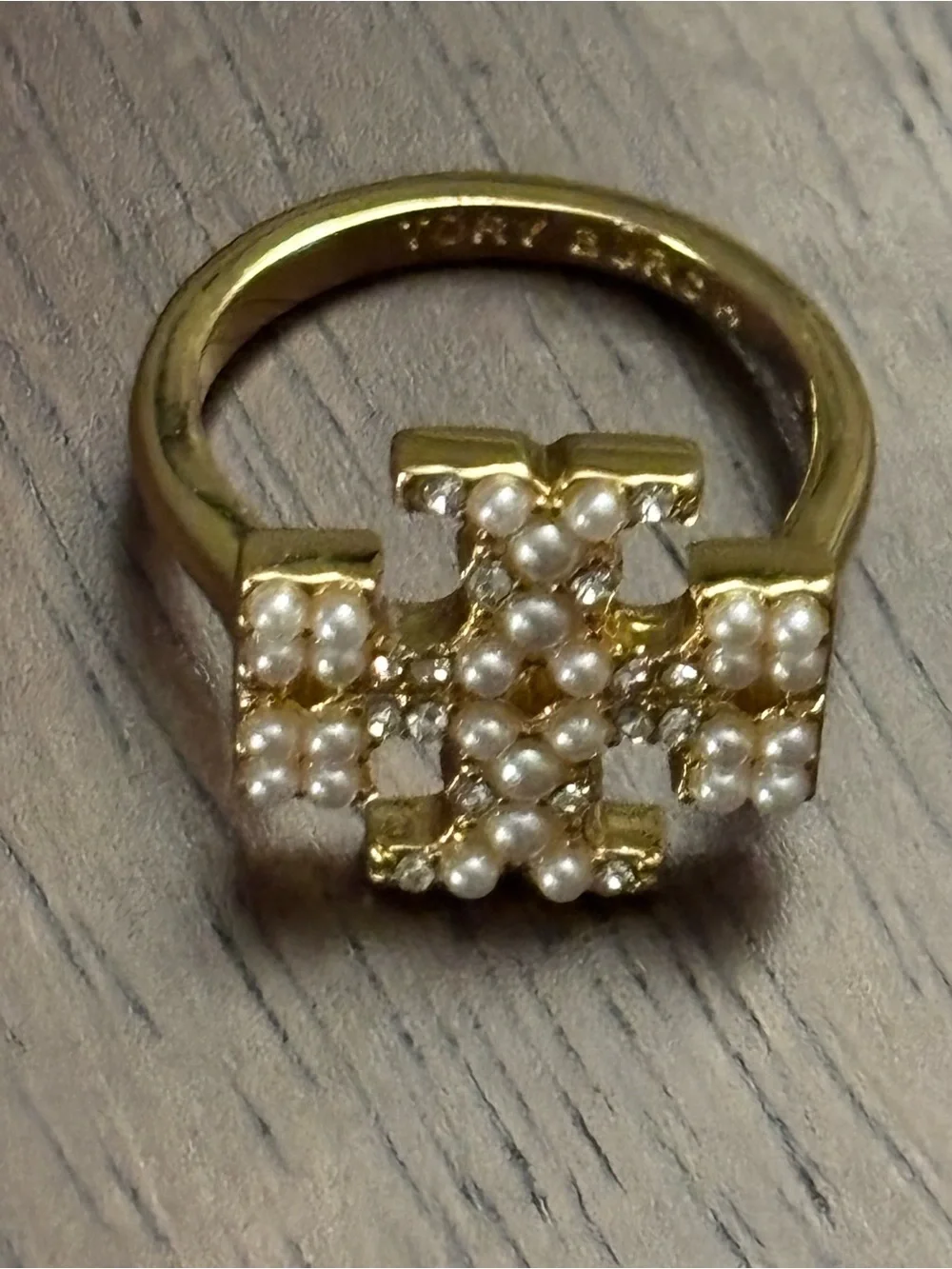 Tory Burch Gold plated Pearl and Crystal Logo Ring size 7